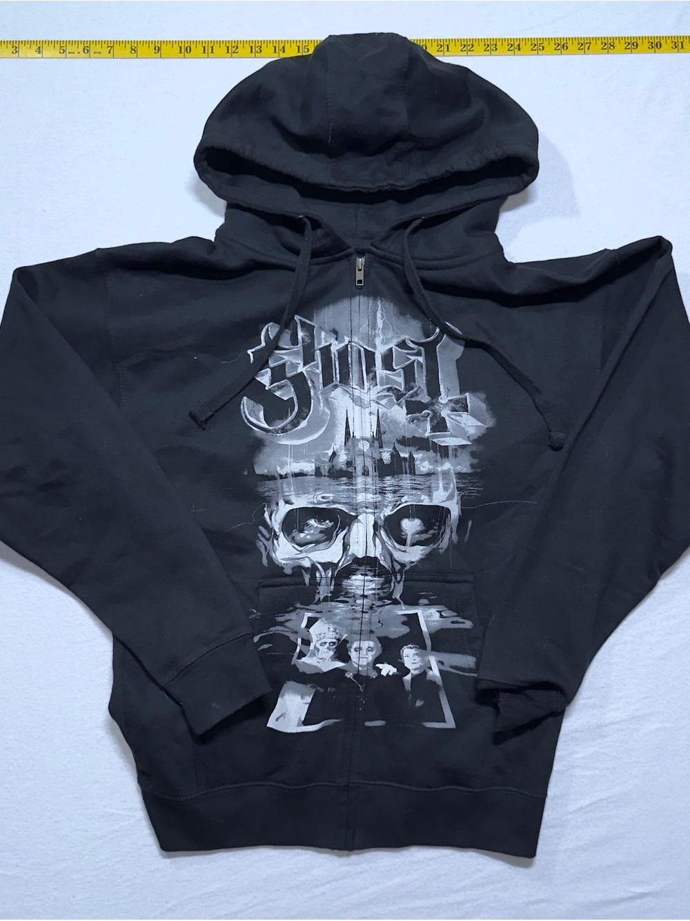 Black Graphic Zip-Up Hoodie with Skull Band Design ghost band hoodie